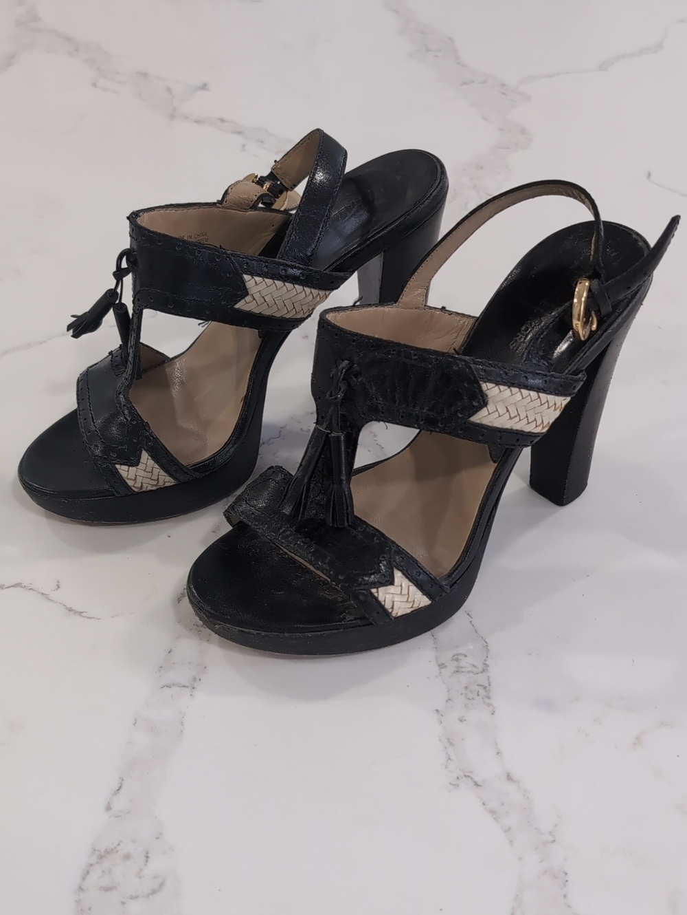 Michael Kors Black High-Heel Slingback Sandals with Woven Accent Size 7